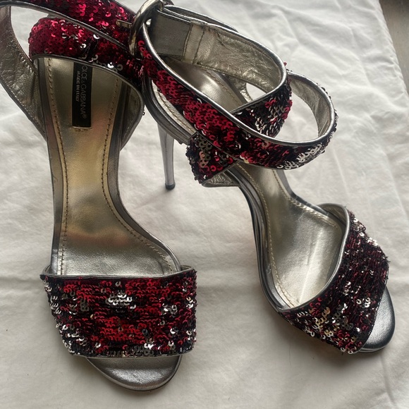 Authentic Dolce and Gabanna Red Silver Sequin Heels - Picture 2 of 6